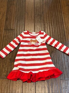 Girls' Red and White Stripe Ruffle Hem Dress with Cheerleader Applique